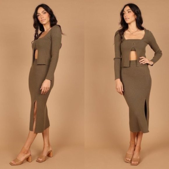 Petal & Pup NEW Luna Knitted Matching 3 Piece Set Midi Dress Olive Green Size M - Picture 1 of 13